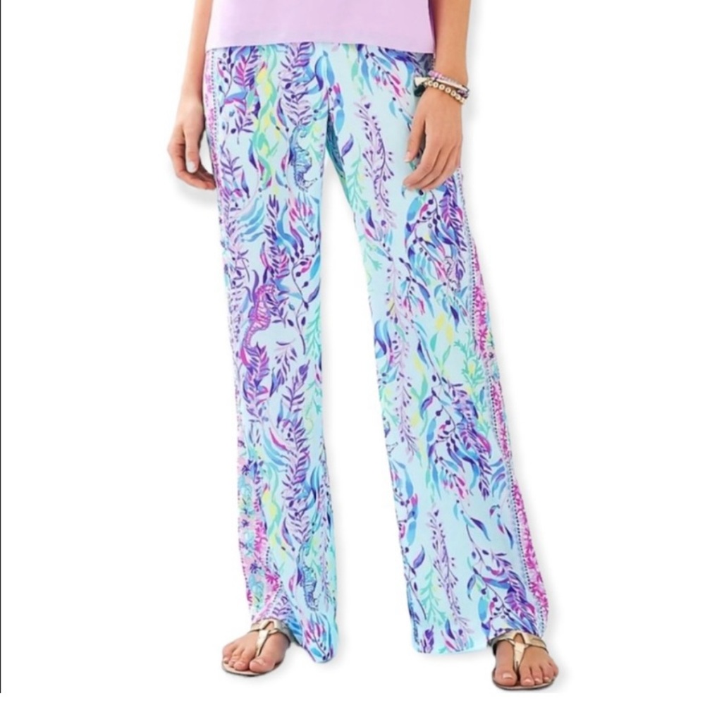Lilly Pulitzer Aqua Multi Floral Wide-Leg Pants